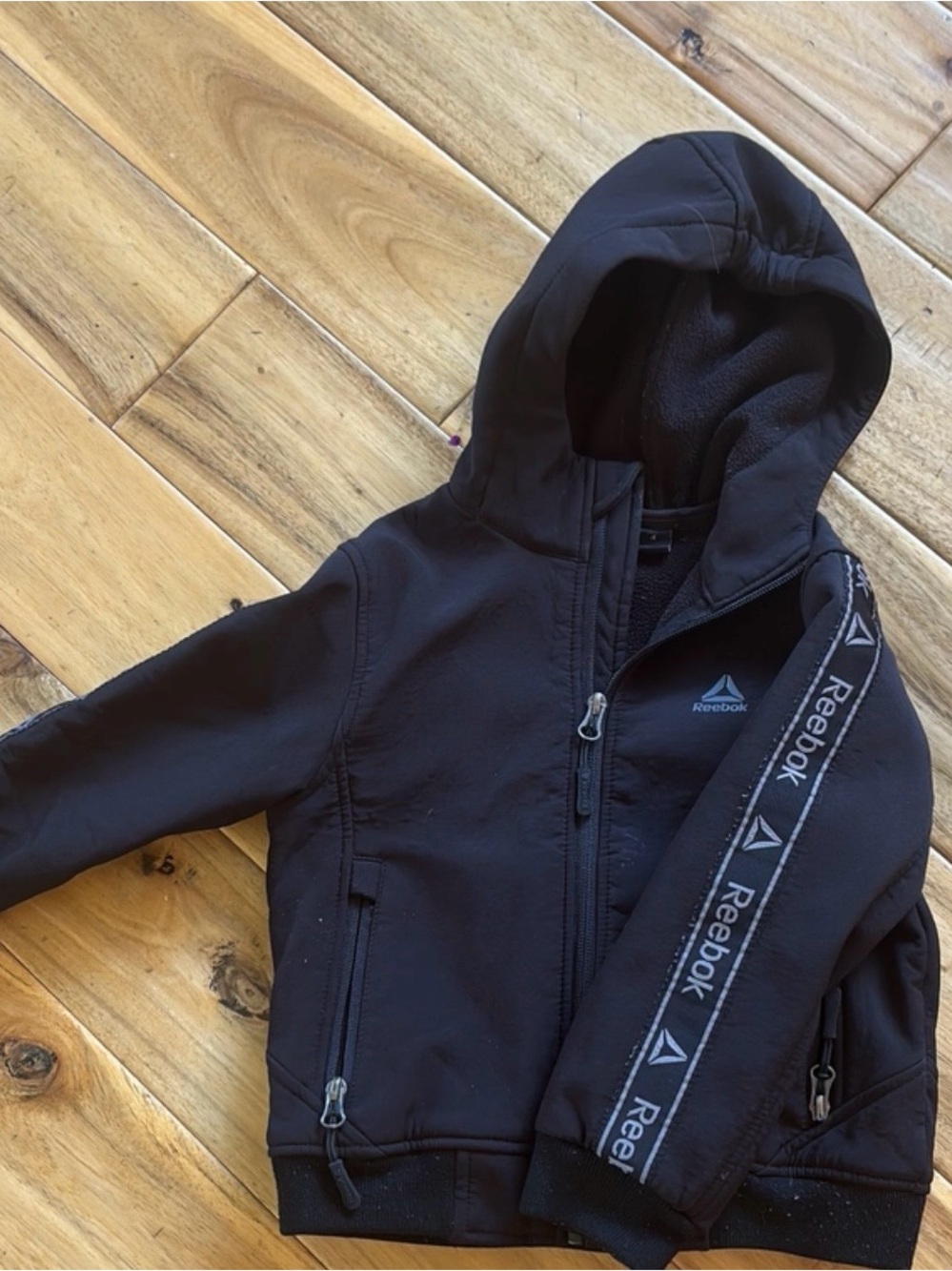 Reebok Kids Black Hooded Puffer-Style Jacket with Logo Tape